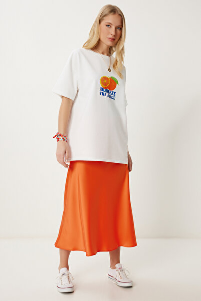 Happiness İstanbul Жіноча помаранчева атласна спідниця міді DP00260