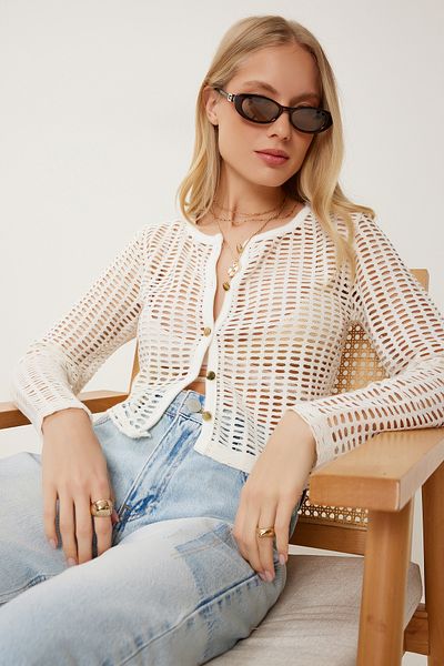 Happiness İstanbul Women's Cream Gold Buttoned Openwork Stretchy Knitted Jacket Cardigan An00257