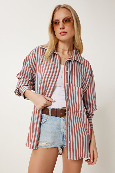 Happiness İstanbul Női bordó szürke csíkos túlméretes szőtt ing DP00259