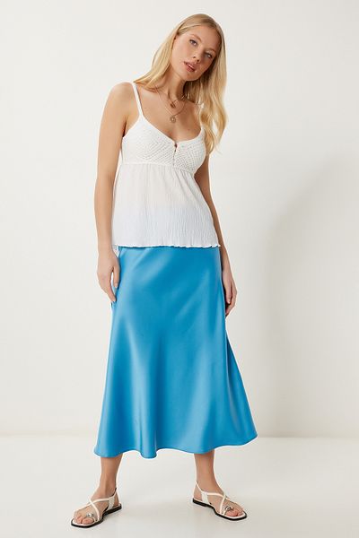 Happiness İstanbul Fusta de damă albastră Midi din satin DP00260