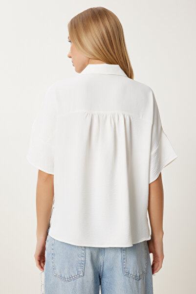 Happiness İstanbul Women's Ecru Wrinkle Effect Pocket Woven Blouse Mx00193