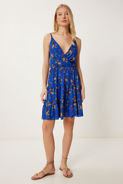 Happiness İstanbul Women's Cobalt Blue Patterned Strap Stretchy Mini Knitted Dress Mc00299