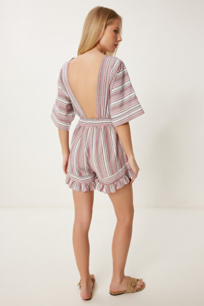 Happiness İstanbul Women's Bone Burgundy Striped Linen Shorts Jumpsuit Li00119