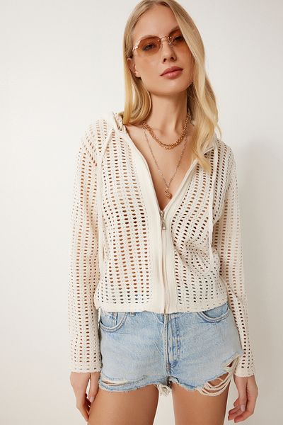 Happiness İstanbul Women's Cream Hooded Zippered Mesh Cardigan An00248