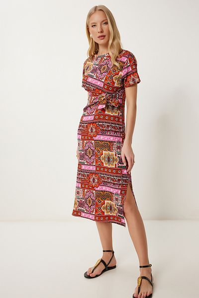 Happiness İstanbul Women's Brick Orange Patterned Summer Crinkle Knitted Dress Mc00300