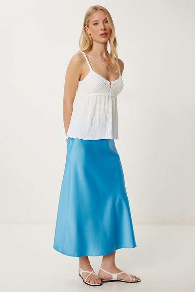 Happiness İstanbul Fusta de damă albastră Midi din satin DP00260