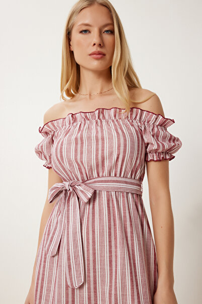 Happiness İstanbul Women's Bone Burgundy Striped Off-The-Shoulder Summer Linen Dress Li̇00120