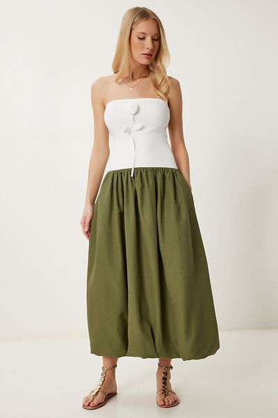 Happiness İstanbul Damen-Kleid in Khaki und Ecru mit dehnbarem Strickoberteil und Ballonrock PB00031