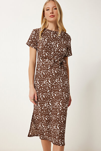 Happiness İstanbul Γυναικείο Πλεκτό Φόρεμα Καλοκαιρινό Κρινκ Καφέ Κόκκαλο MC00300