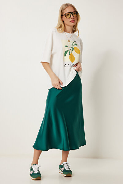 Happiness İstanbul Γυναικεία Σμαραγδένια Πράσινη Midi Σατέν Φούστα DP00260
