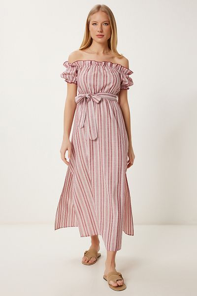 Happiness İstanbul Damen-Sommerkleid aus Leinen mit Knochen-Burgunder-Streifen, schulterfrei, Lİ00120