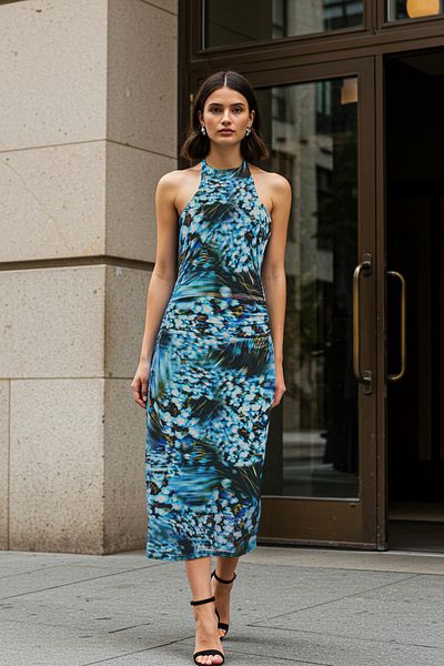 Trendyol Collection Rochie tricotată maxi cu gât cu șalț albastru abstract TWOSS25EL00085