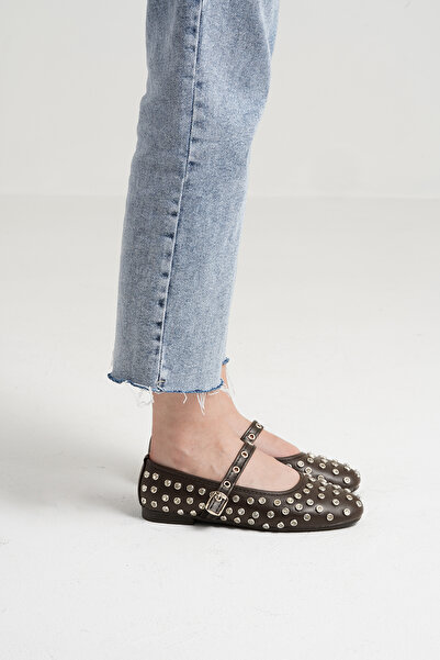 Beyond Women's Brown Disco Stone Leather Ballerinas 1cm Bynddsc01