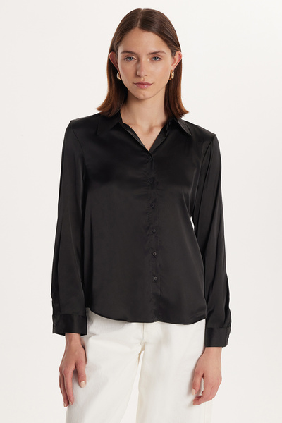 Tudors Kadın Relax Fit Rahat Kesim Satenli Kumaş Siyah Kare Manşet Düz Gömlek