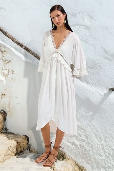 Trendyol Collection Ecru Maxi Woven Flounce Beach Dress Tbess25El00075
