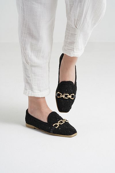 Beyond Women's Black Buckle Embroidered Straw Knitwear Daily Ballet Flats Byndtrb03