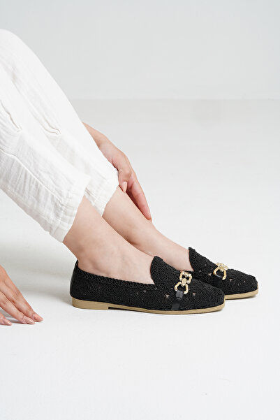 Beyond Women's Black Buckle Embroidered Straw Knitwear Daily Ballet Flats Byndtrb03