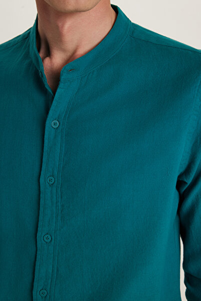 Tudors Πράσινο ανδρικό πουκάμισο - λεπτή εφαρμογή, μακρυμάνικο, 100% βαμβάκι, λινό υφή, επικρατέστερος γιακάς