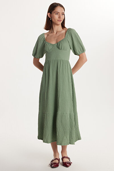 Tudors Kadın Standart Fit Normal Kesim Sırt Bağlama Detaylı U Yaka Midi Mint Elbise