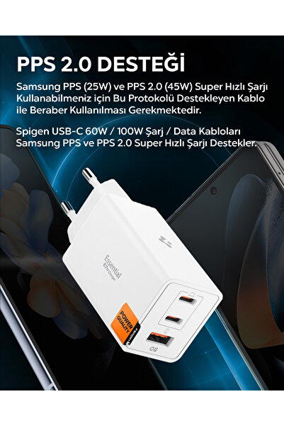 Spigen 67W USB-C + USB-A 3 Port Hızlı Şarj Aleti PPS 2.0 Desteği GaN Pro Destekli Type-C White - ACH08710
