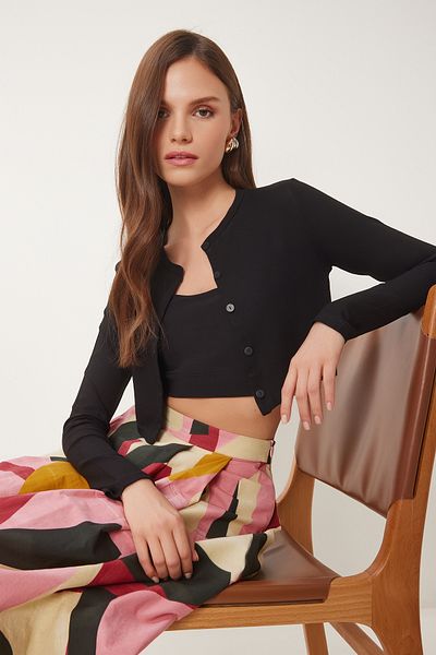 Happiness İstanbul Women's Black Strawberry Knitted Crop Bolero Cardigan Ub00384