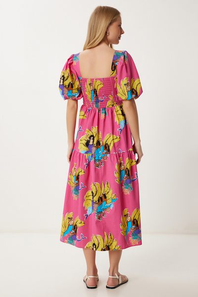 Happiness İstanbul Kadın Pembe Sarı Desenli Yazlık Midi Poplin Elbise FK00017