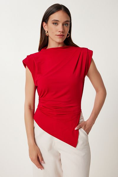Happiness İstanbul Rote, wattierte, asymmetrische Sandy-Bluse für Damen FF00171