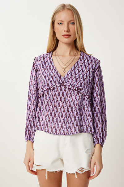 Happiness İstanbul Γυναικεία Μωβ Μοτίβο Εποχιακή Υφαντή Μπλούζα HK00042