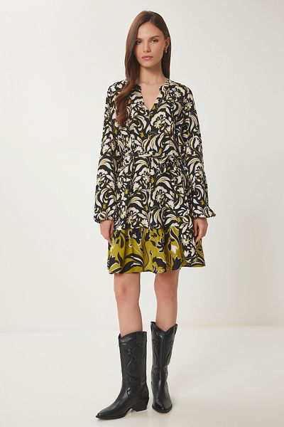 Happiness İstanbul Women's Black Green Patterned Flounce Mini Dress Wf00103