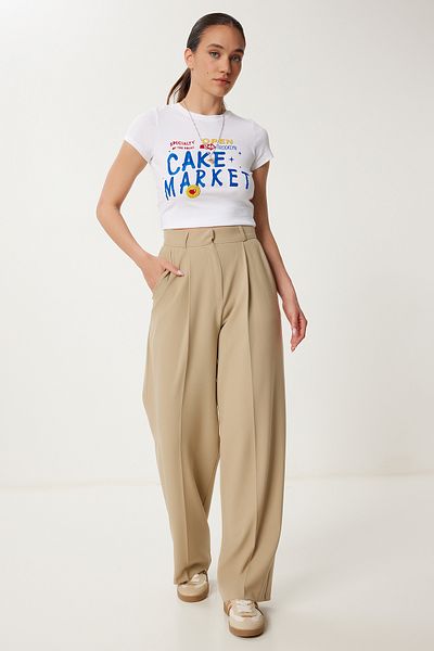 Happiness İstanbul Cremefarbene, plissierte, gewebte Palazzo-Hose für Damen US00978