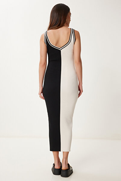 Happiness İstanbul Дамска черна кремава лятна плетена рокля в контрастен цвят US00985