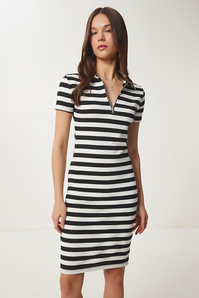 Happiness İstanbul Rochie tricotată de vară cu dungi Black Bone pentru femei AN00232