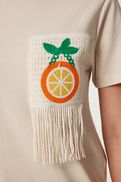 Happiness İstanbul Γυναικείο Μπλουζάκι από Βαμβακερό Κέντημα Πορτοκαλί Πέτρα UB00385