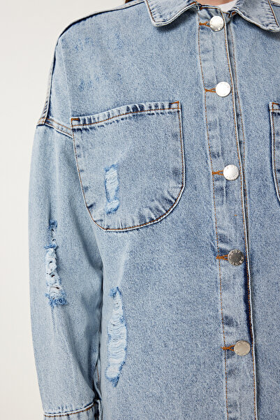 Happiness İstanbul Női világoskék szétszedhető részletes nyomott oversize farmerdzseki SA00041