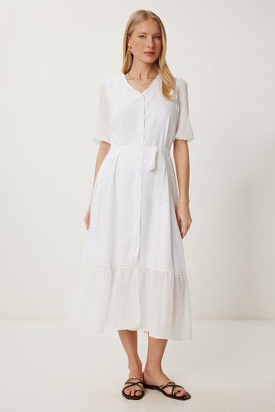 Happiness İstanbul Women's White Polka Dot Textured Midi Woven Dress Nt00439