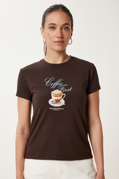 Happiness İstanbul Γυναικείο πλεκτό μπλουζάκι με στάμπα καφέ UB00388