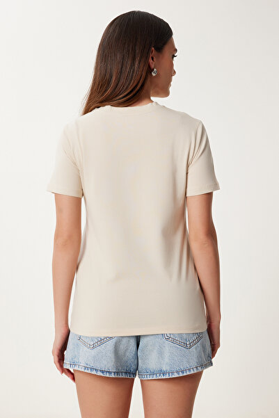 Happiness İstanbul Γυναικείο Μπλουζάκι από Βαμβακερό Κέντημα Πορτοκαλί Πέτρα UB00385