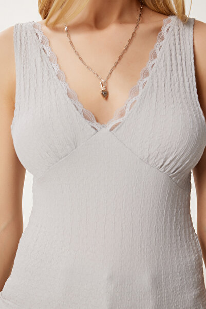 Happiness İstanbul Γυναικεία πλεκτή ελαστική μπλούζα με γκρι υφή HF00475