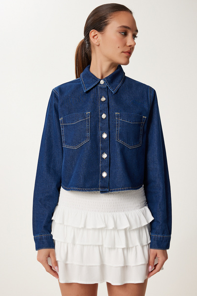 Happiness İstanbul Kadın Koyu Mavi Cep Detaylı Denim Ceket SA00038