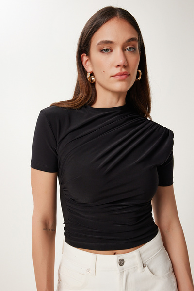Happiness İstanbul Women's Black Gathered Sandy Knitted Blouse Ff00172