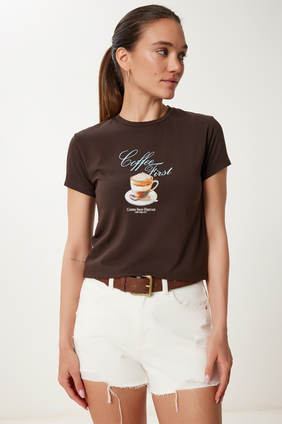 Happiness İstanbul Γυναικείο πλεκτό μπλουζάκι με στάμπα καφέ UB00388