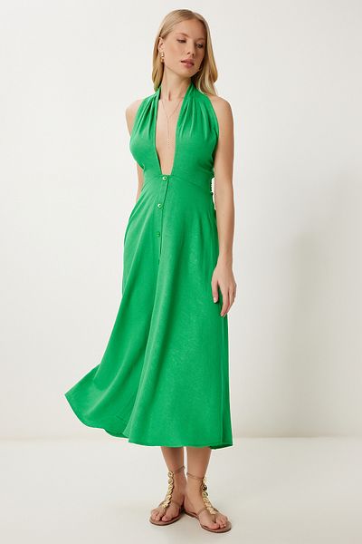Happiness İstanbul Women's Green Halter Neck Summer Linen Dress Fk00020