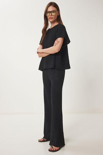 Happiness İstanbul Women's Black Knitwear Blouse Trousers Set Dp00240
