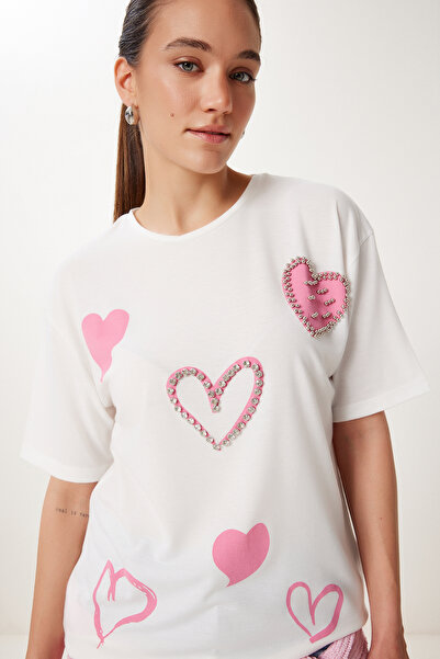 Happiness İstanbul Dámské pletené tričko Ecru s perličkami a korálky s potiskem PB00029