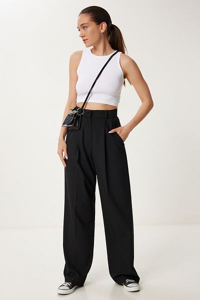Happiness İstanbul Schwarze Palazzo-Hose mit plissierten Taschen für Damen US00978