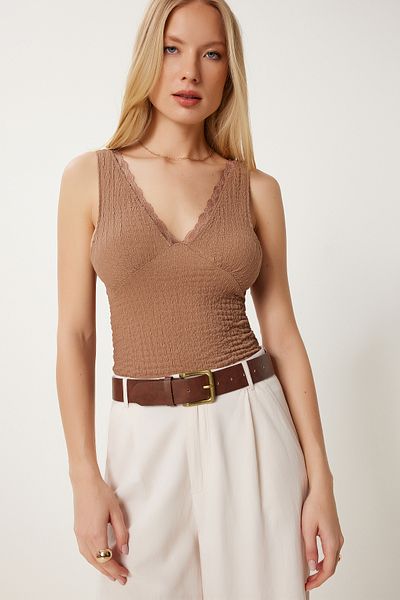 Happiness İstanbul Braune, strukturierte, geschnürte, dehnbare Strickbluse für Damen HF00475