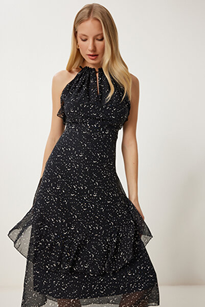 Happiness İstanbul Kadın Siyah Kemik Desenli Volanlı Yazlık Şifon Elbise FG00025