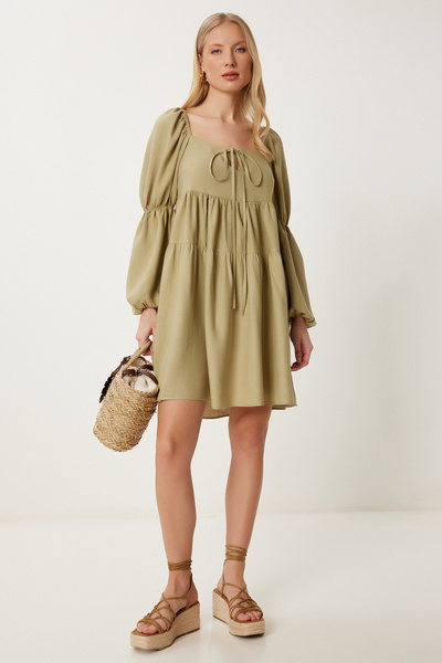 Happiness İstanbul Dámské olivově zelené letní lněné šaty FK00028