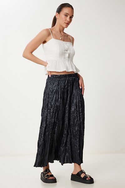 Happiness İstanbul Fusta midi din satin cu efect de șifonat neagră pentru femei US00981