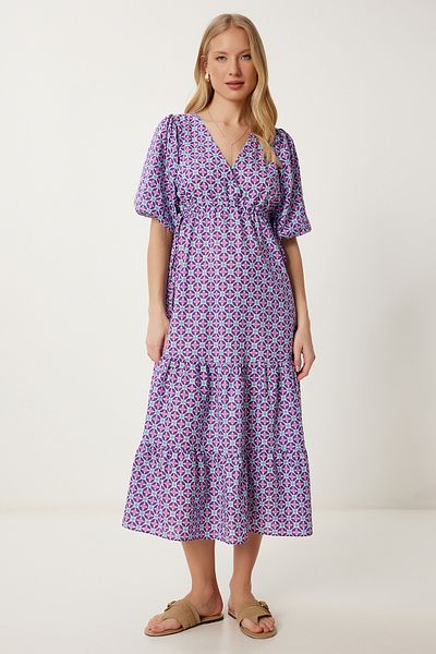 Happiness İstanbul Women's Purple Wrap Collar Patterned Woven Dress Fk00016